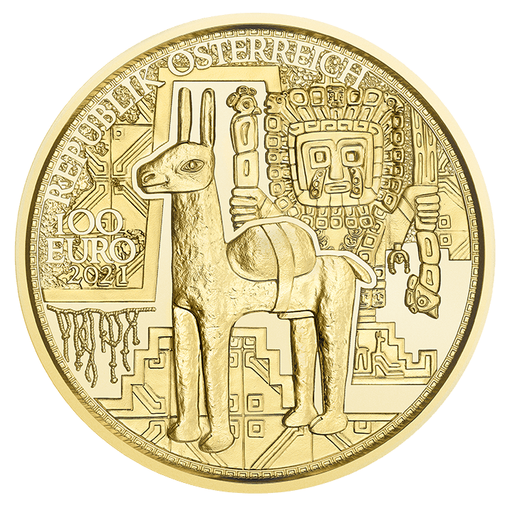 Der Goldschatz der Inka polierte Platte Avers 100 Euro Goldmuenze 2021